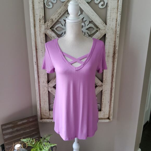 Women's Short Sleeve Relaxed Fit T-Shirt Tee Top with Criss Cross V-Neck Purple - Picture 2 of 12